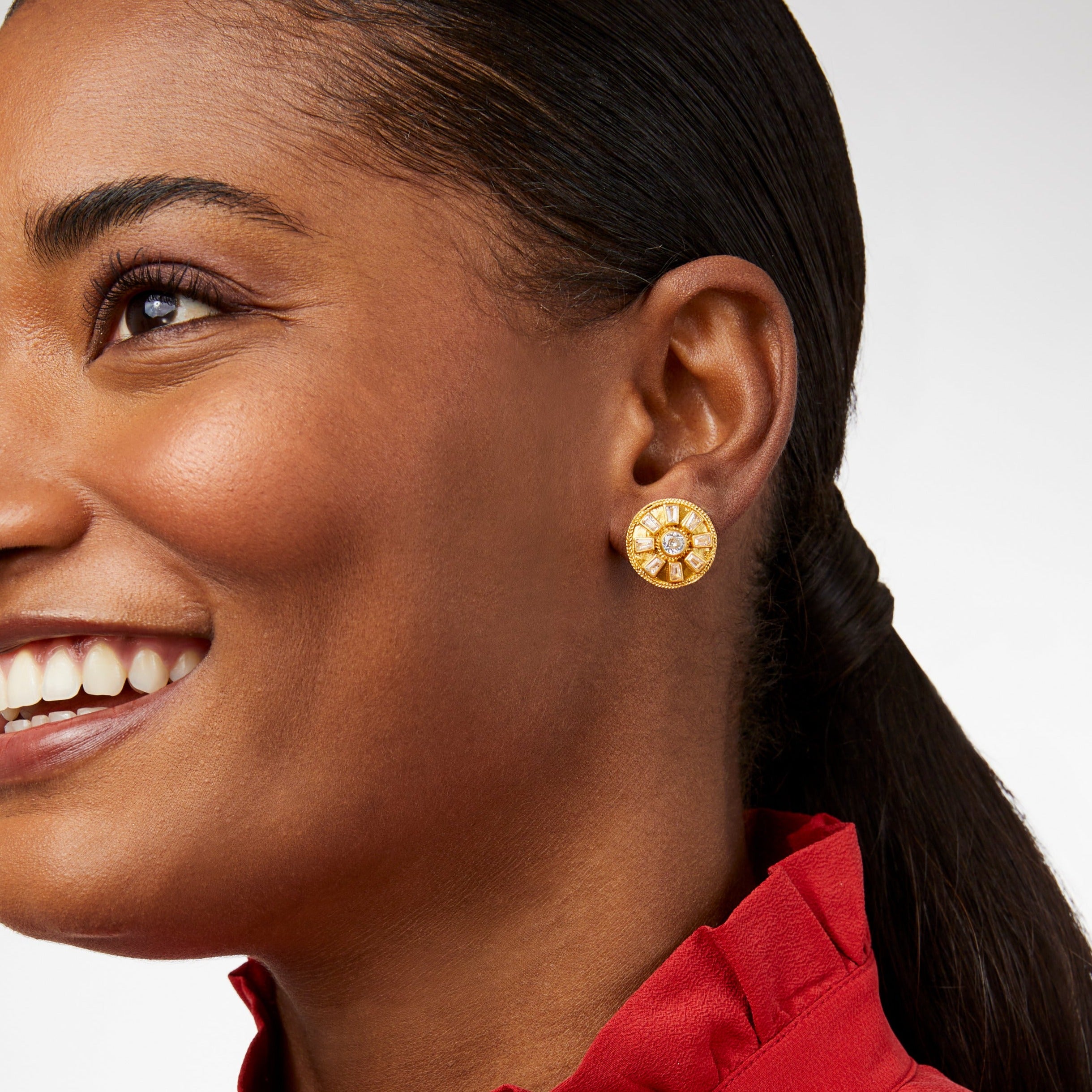 Model wearing Aurora stud in CZ color; carousel